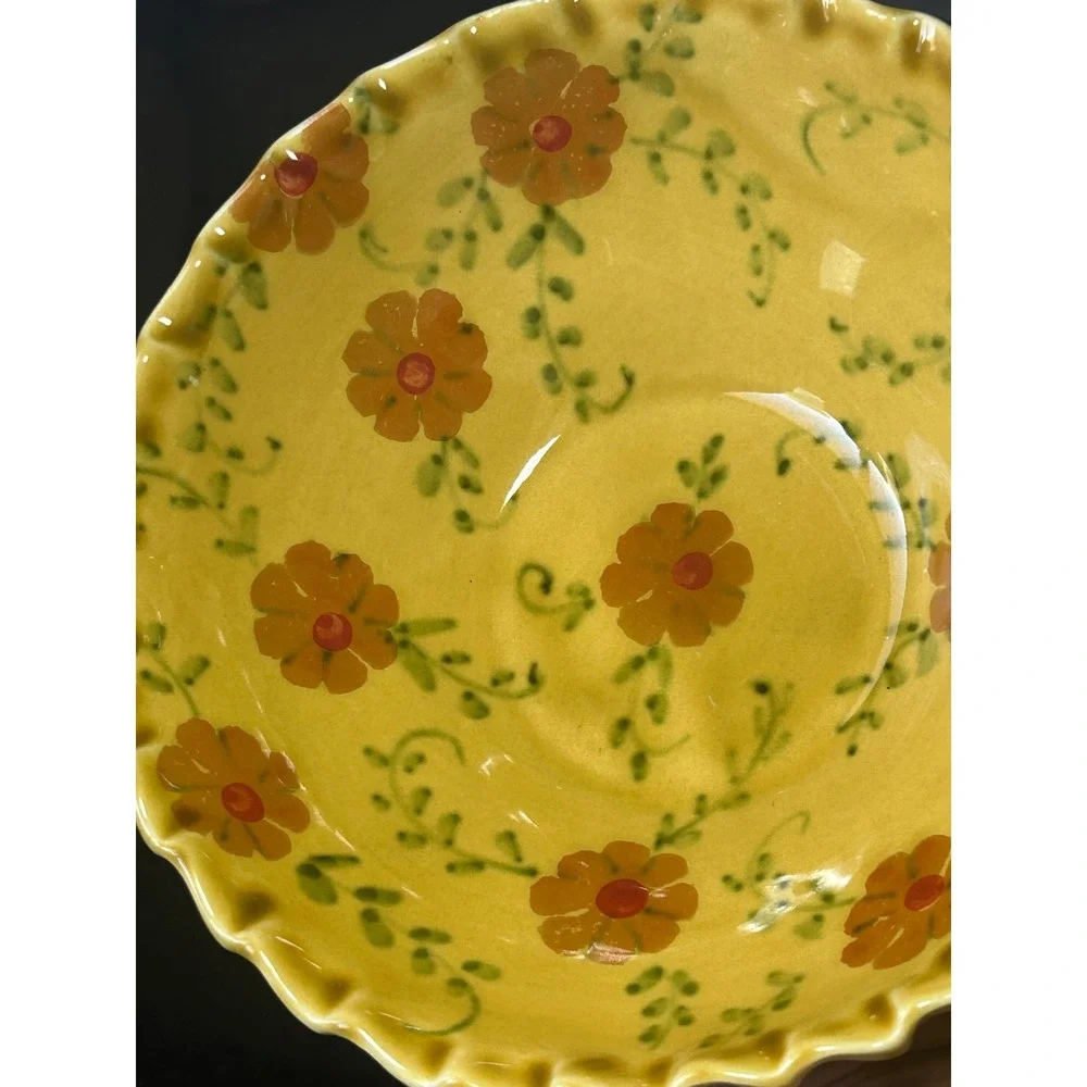 Sur La‎ Table Yellow Floral Ceramic Serving Bowl Scalloped Rim Made in Italy